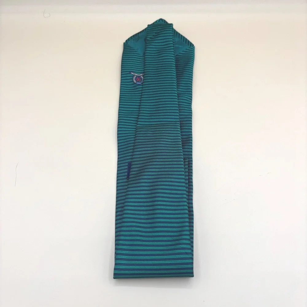 Tommy Hilfiger Mens Silk Tie Teal Navy Horizontal Stripe Crest Preppy Classic